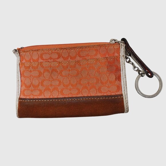 Coach Orange Signature Canvas & Suede Key Chain Coin Pouch With Zip Closure - Picture 2 of 6